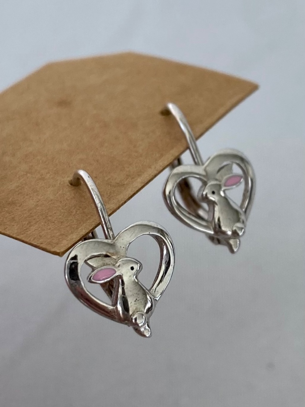 Sterling Silver Pink Rabbit Heart Lever Back Earrings